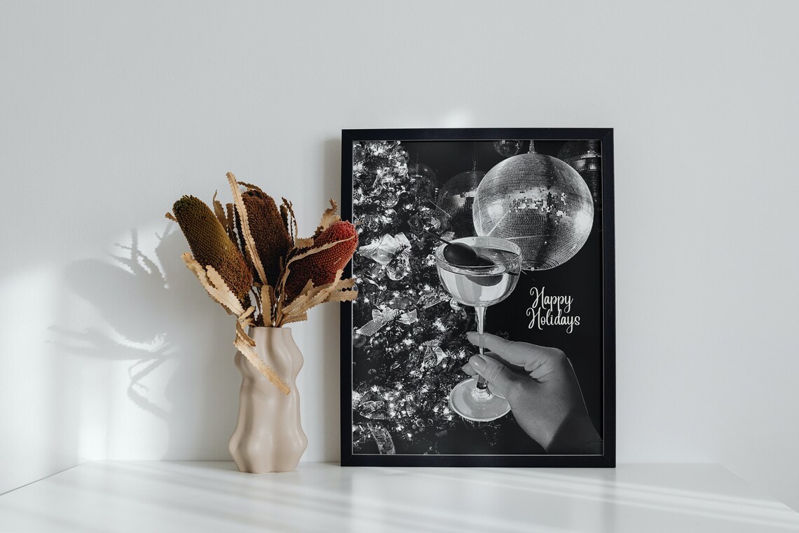 Happy Holidays Black and White Martini Disco Ball Party Poster - Image 2