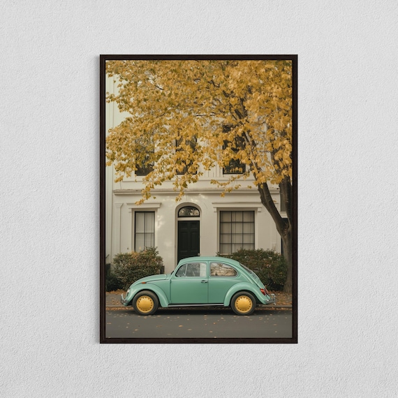 Teal Vintage Volkswagen Beetle Parked Under Autumn Tree Print