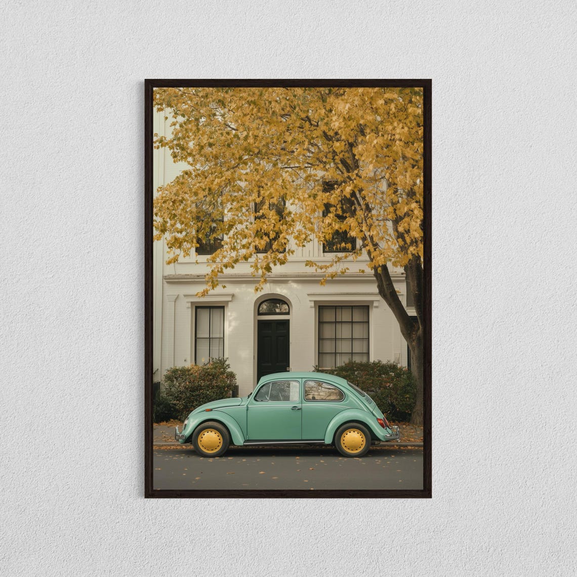 Teal Vintage Volkswagen Beetle Parked Under Autumn Tree Print