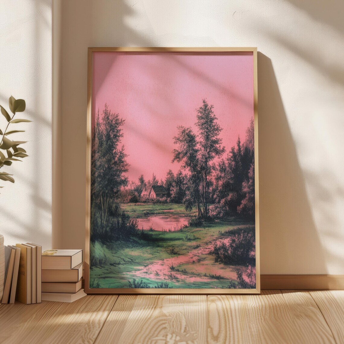 Pink Sky Country Pond Cottage Vintage Pastoral Landscape Art Poster