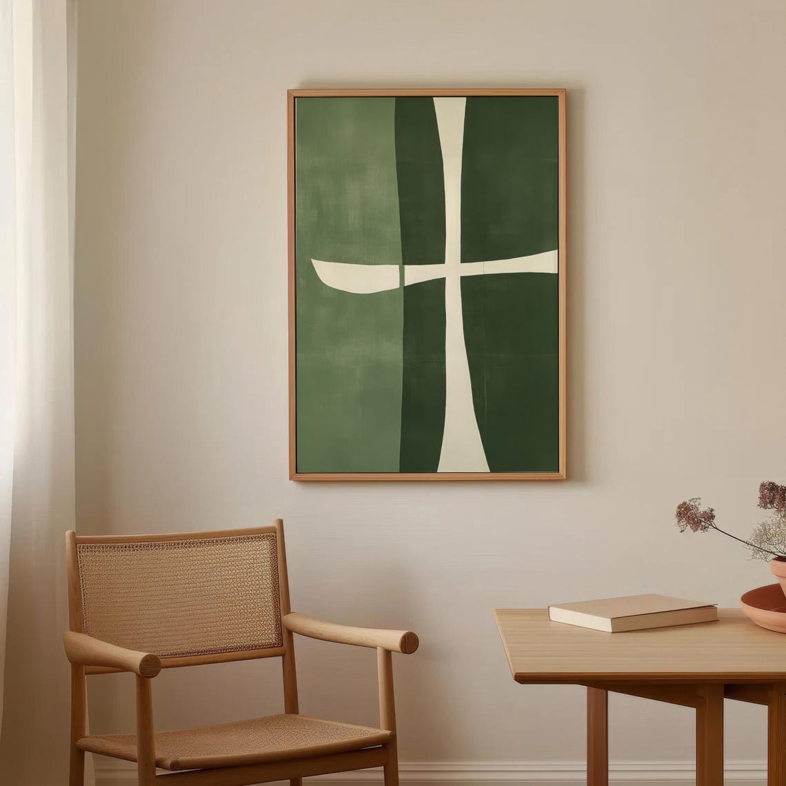 Abstract Organic White Cross On Deep Green Minimalist Art Poster