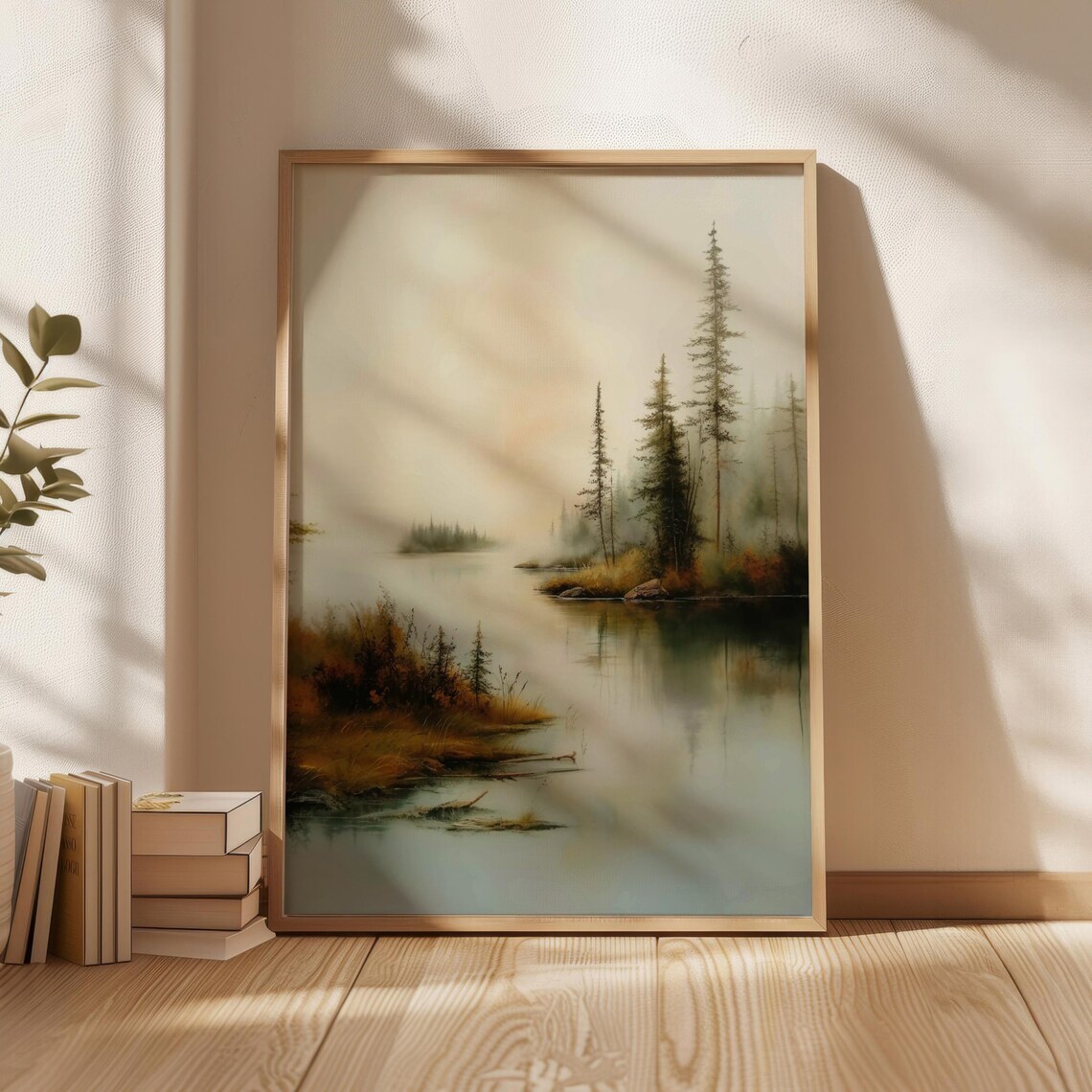 Misty Morning Lake With Pine Trees Vintage Oil Painting Poster