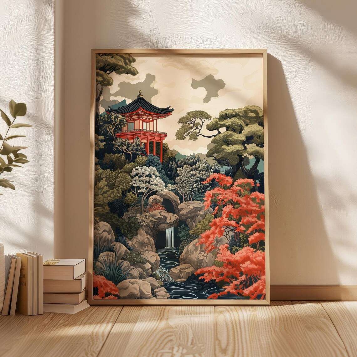 Japanese Pagoda Garden Waterfall Autumn Maple Hokusai Style Art Poster