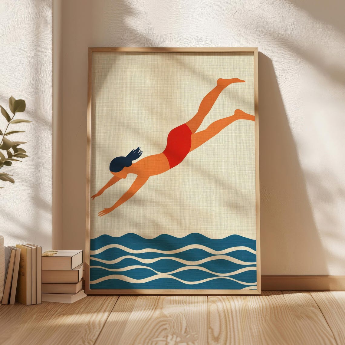 Woman Diving Into Ocean Waves Retro Summer Swim Illustration Poster