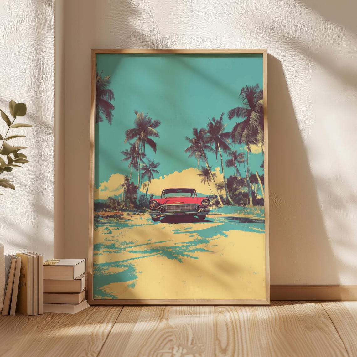 Vintage Red Classic Car Palm Tree Beach Retro Sunset Pop Art Poster