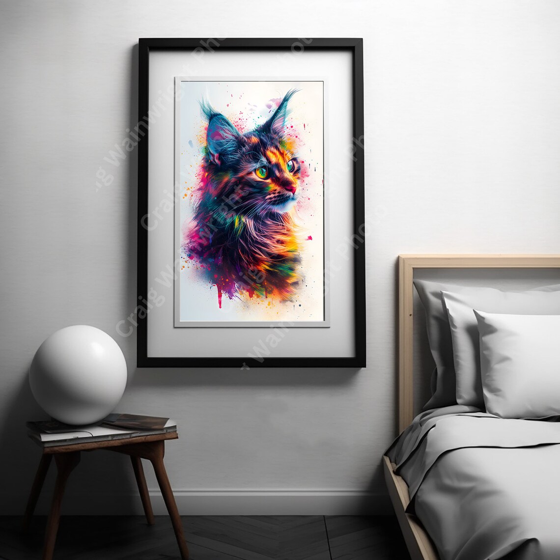 Maine Coon Cat Colorful Watercolor Splash Portrait Art Poster - Image 3