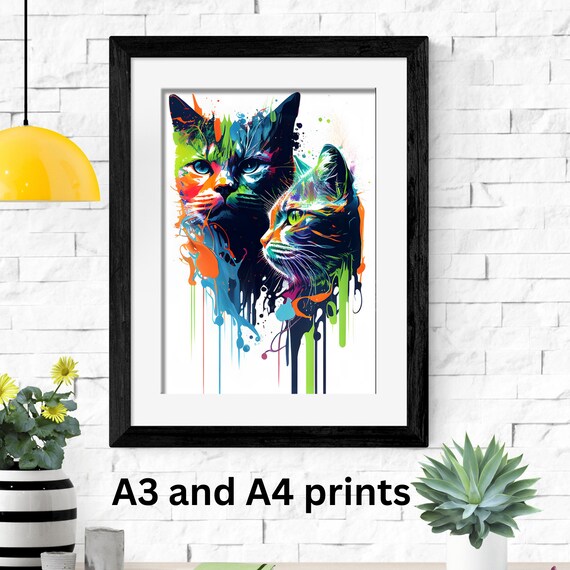 Pair of Cats Neon Watercolor Splash Double Modern Art Poster