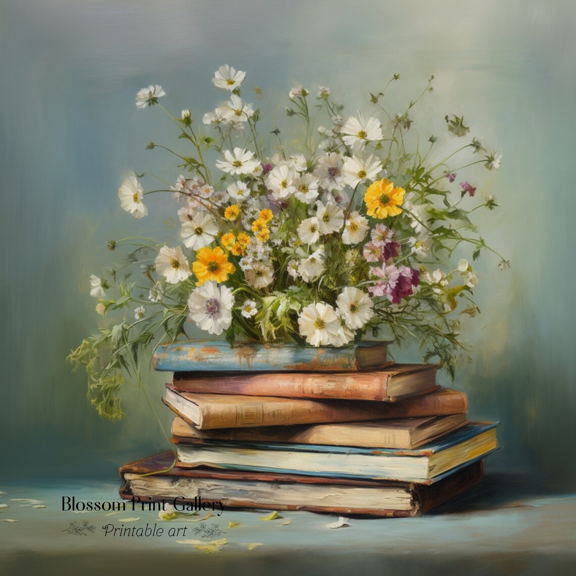 Wildflowers on Stack of Old Books Vintage Still Life Floral Painting Poster - Image 3
