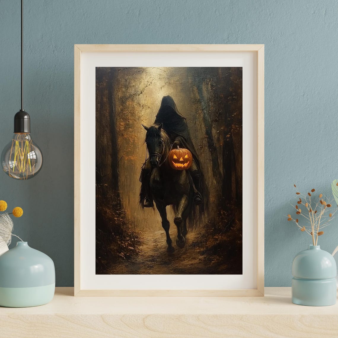 Headless Horseman with a Jack O Lantern Dark Halloween Wall Art - Image 2