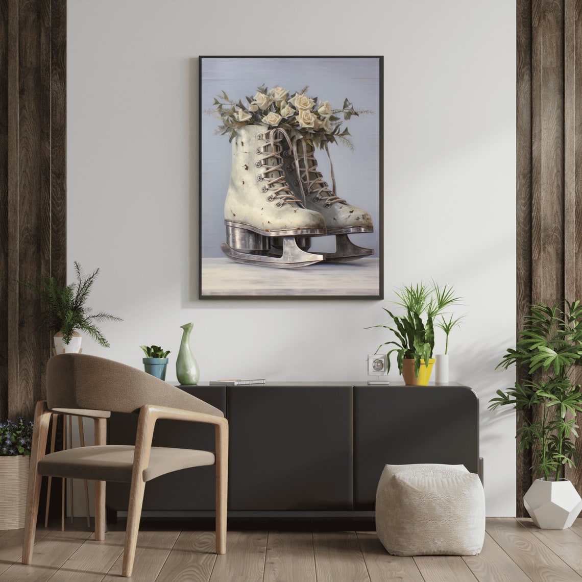 Vintage White Ice Skates with Roses Winter Still Life Painting Poster - Image 4