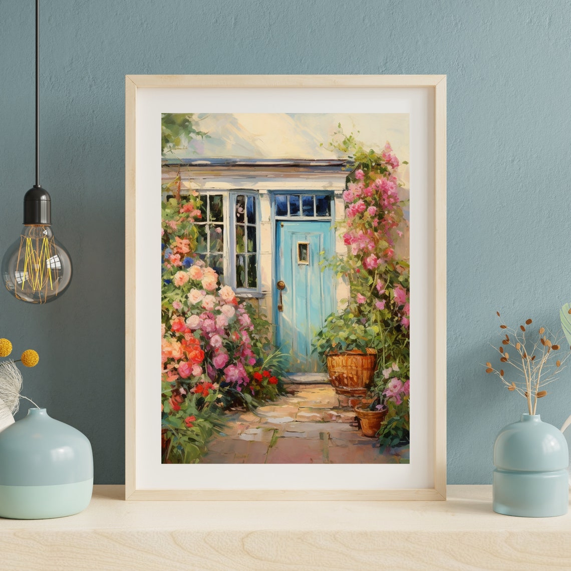 Charming Blue Cottage Door with Climbing Pink Roses Garden Poster - Image 2