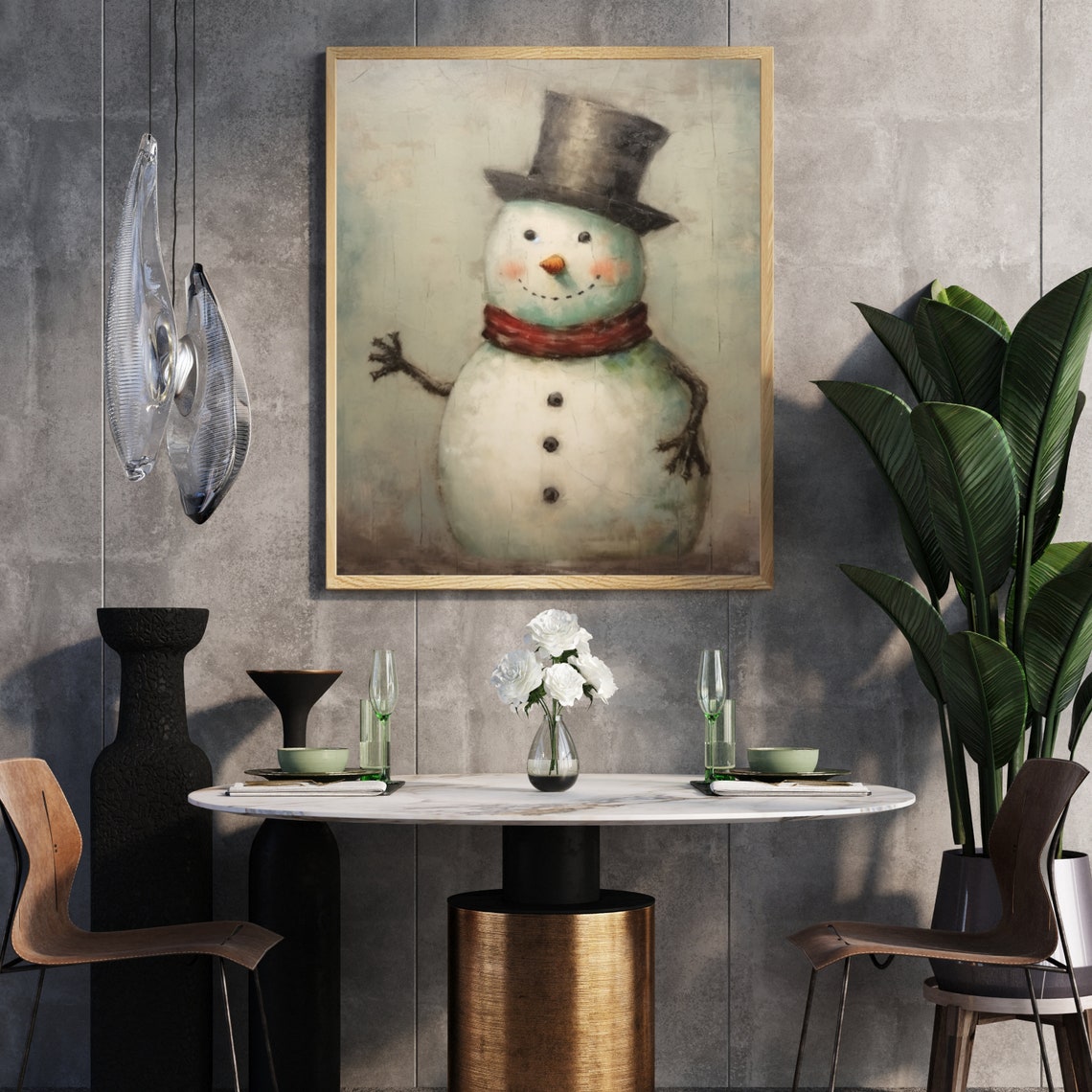 Vintage Snowman With Top Hat And Red Scarf On Cracked Plaster Poster - Image 5