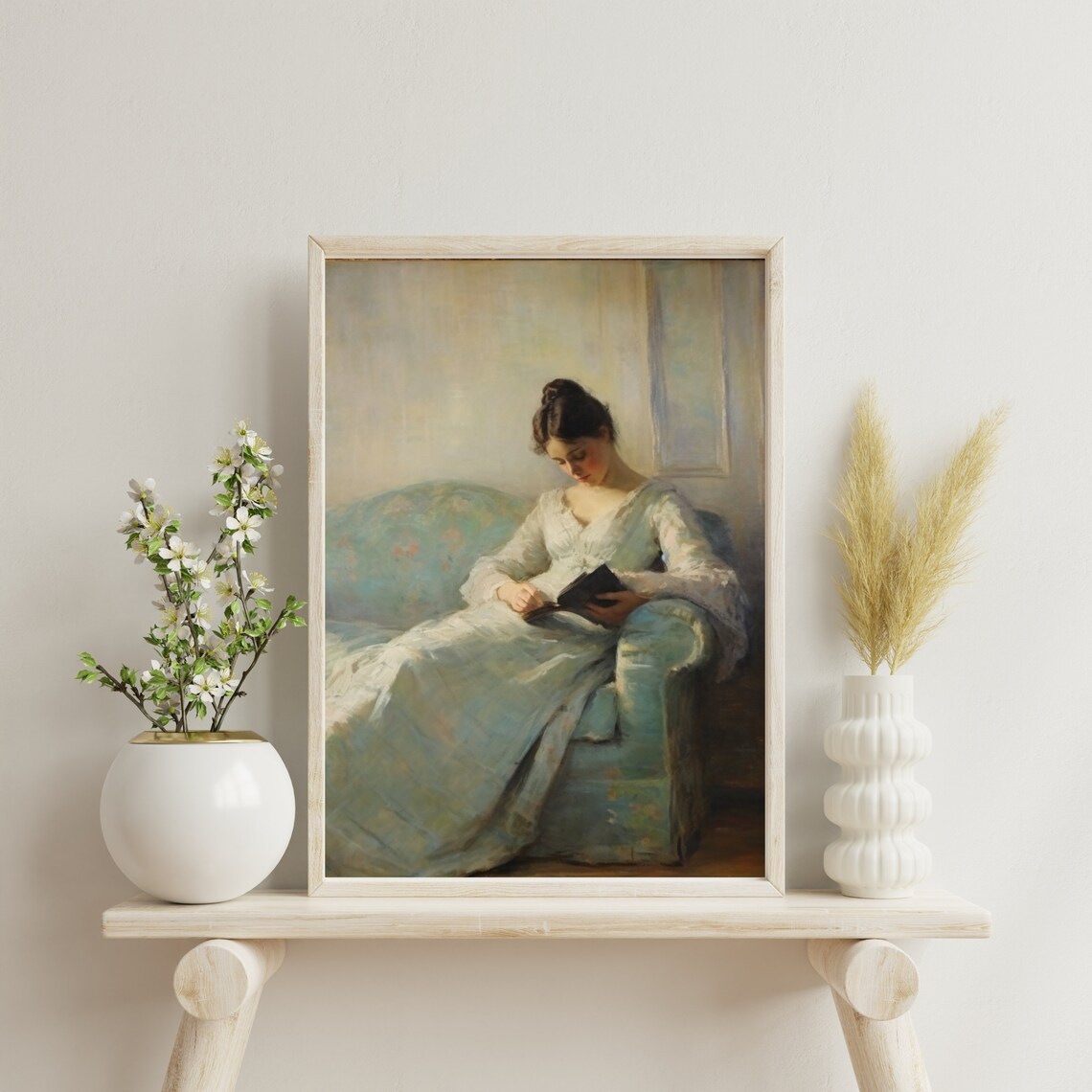 Impressionist Woman Reading Book on Sofa Vintage Interior Painting Poster - Image 5