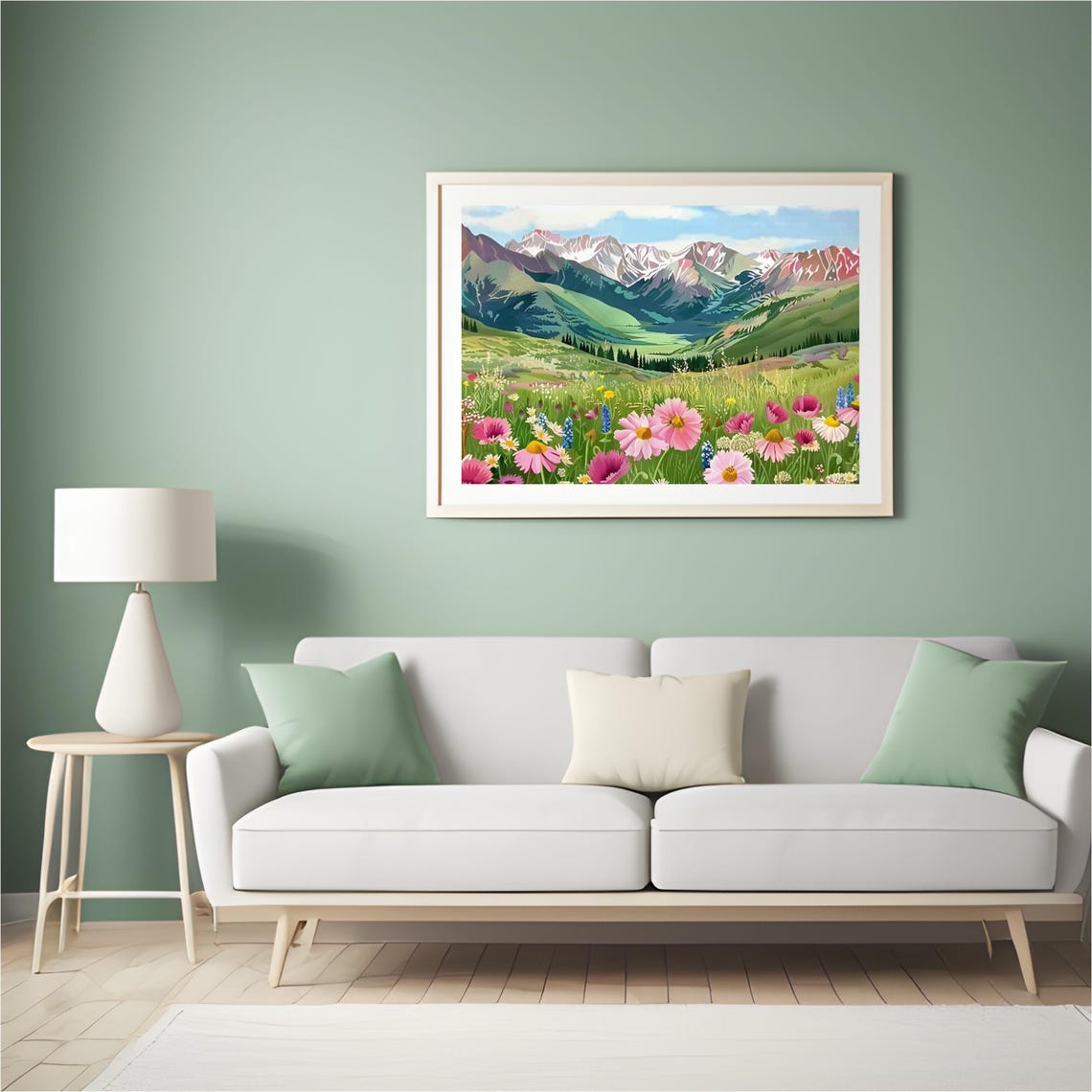 Alpine Wildflower Meadow Pink Daisy Mountain Landscape Art Poster - Image 5