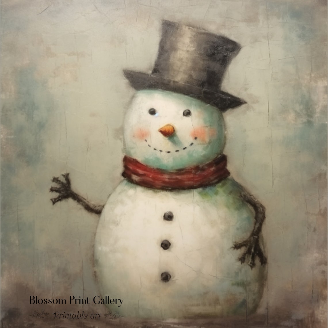 Vintage Snowman With Top Hat And Red Scarf On Cracked Plaster Poster - Image 3