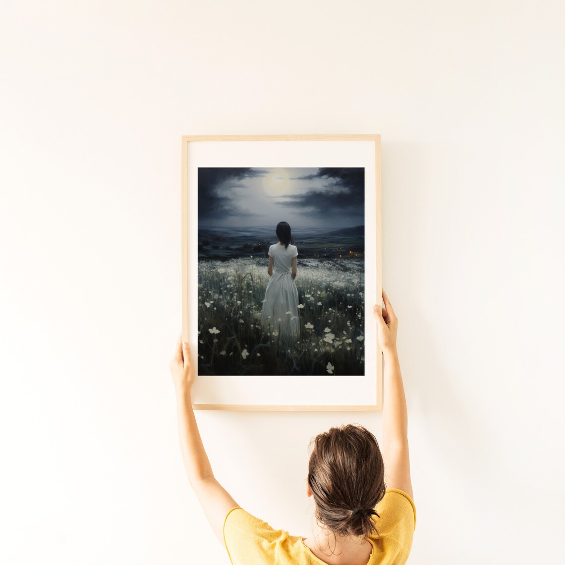Woman In White Dress Under Full Moon Night Wildflower Meadow Art Poster - Image 3