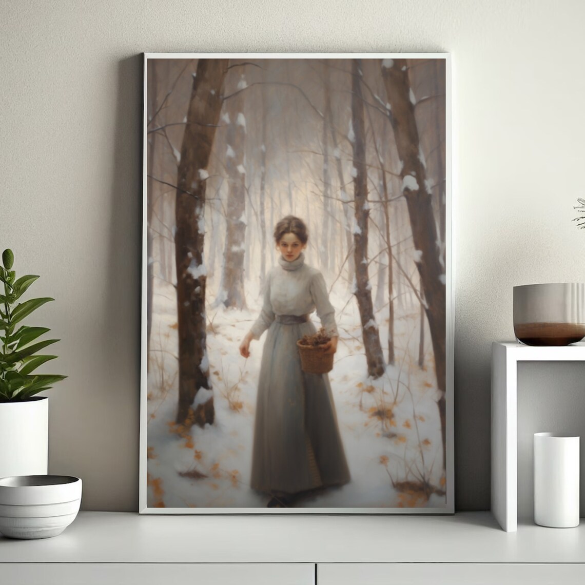 Woman Gathering in Snowy Winter Woods with Basket Painting Poster - Image 6