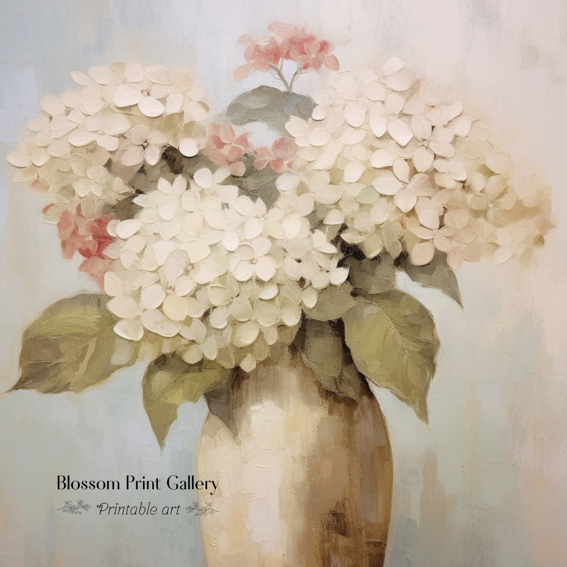 White And Blush Hydrangeas In A Beige Vase In Muted Tones Print - Image 2