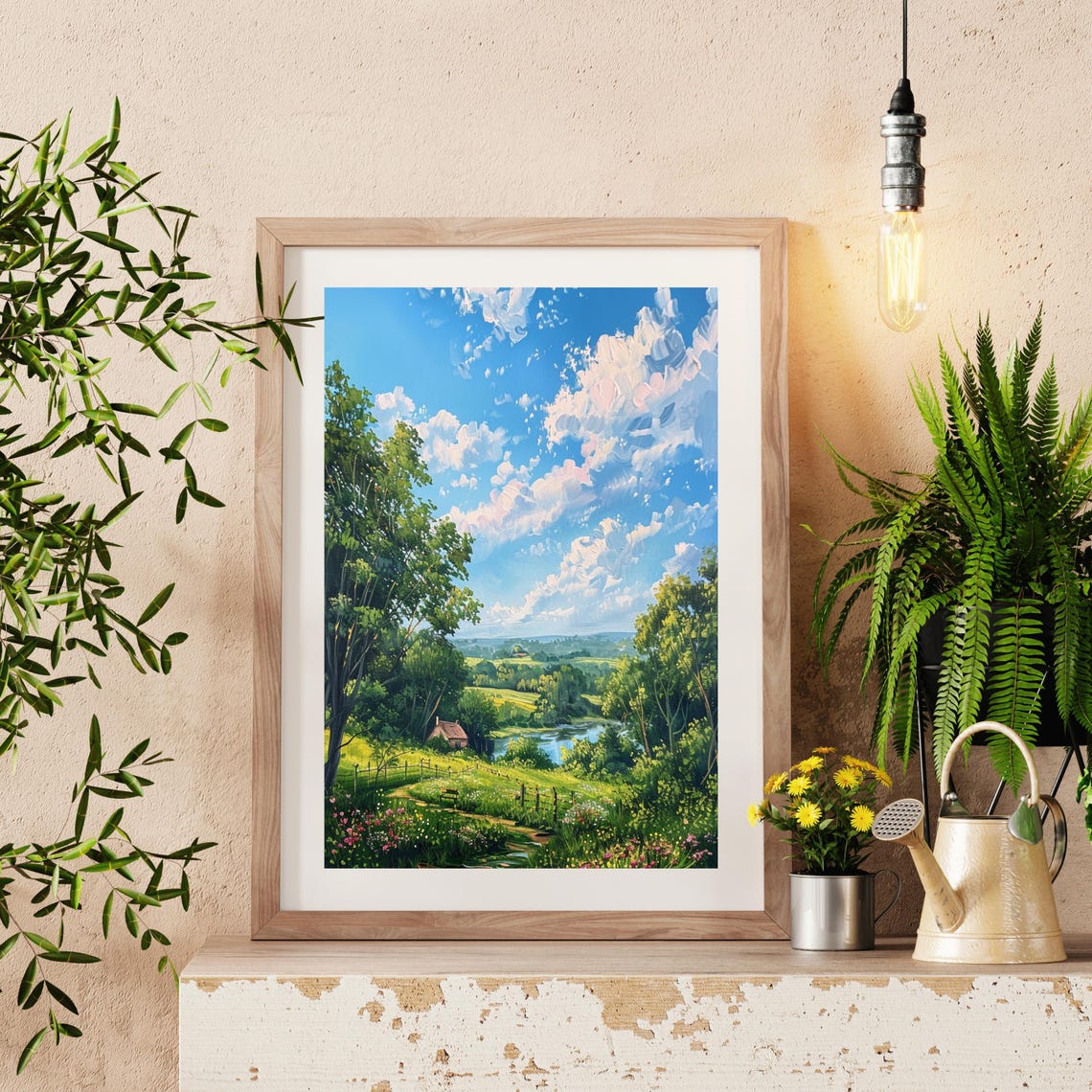 Sunny Countryside Pond Cottage Dramatic Clouds Landscape Poster - Image 4