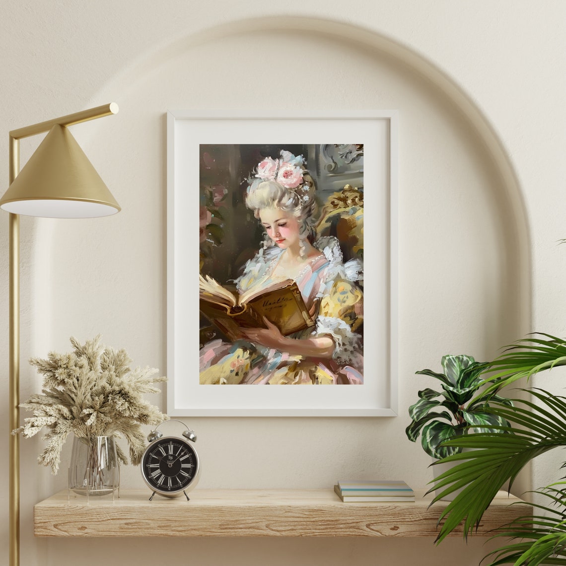Rococo Lady Reading A Book Pink Pastel Floral Portrait Art Poster