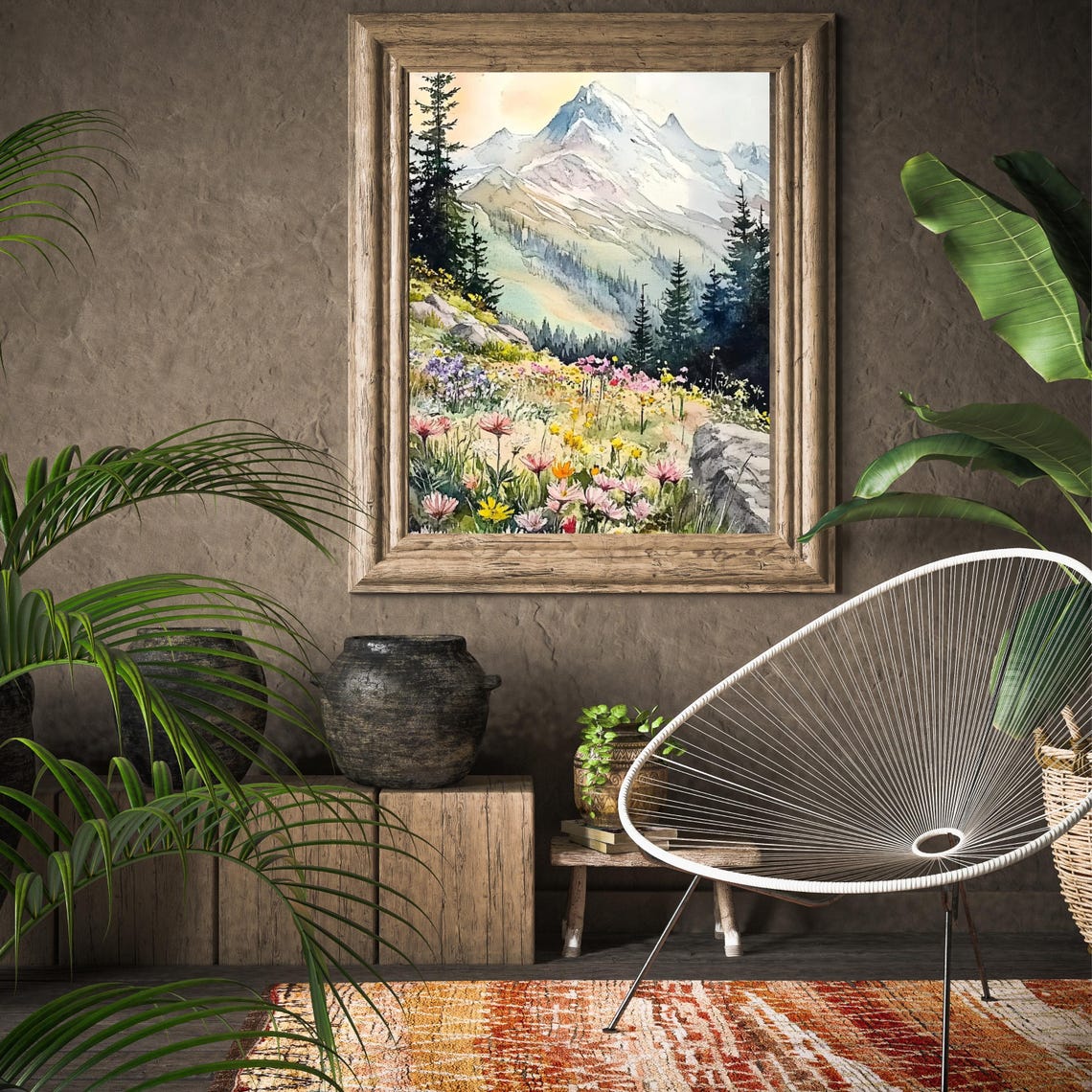 Wildflower Meadow Snowy Mountain Watercolor Landscape Poster - Image 3