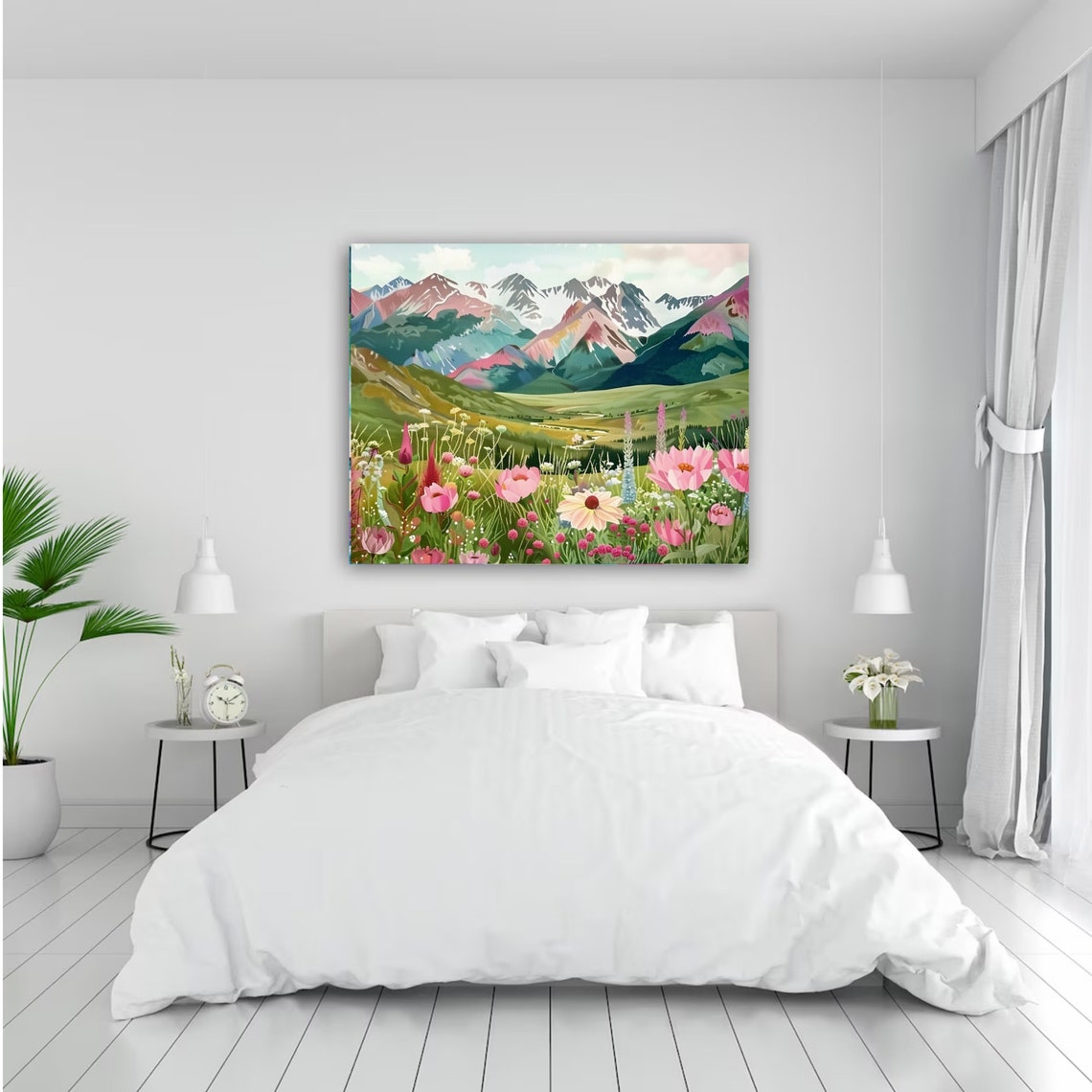 Pink Wildflower Meadow with Colorful Mountain Peaks Art Poster