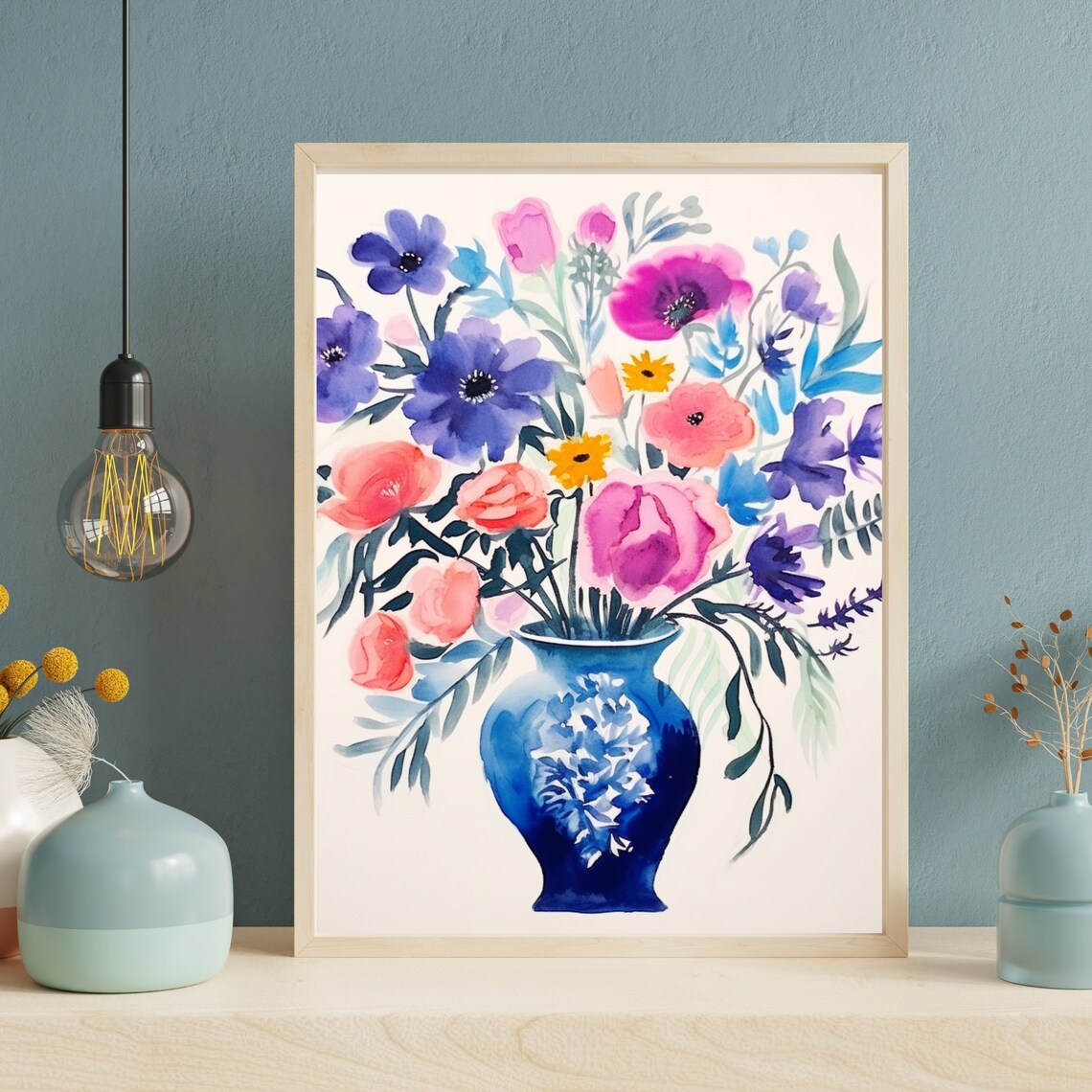 Watercolor Wildflower Bouquet in a Cobalt Vase Floral Wall Art - Image 3