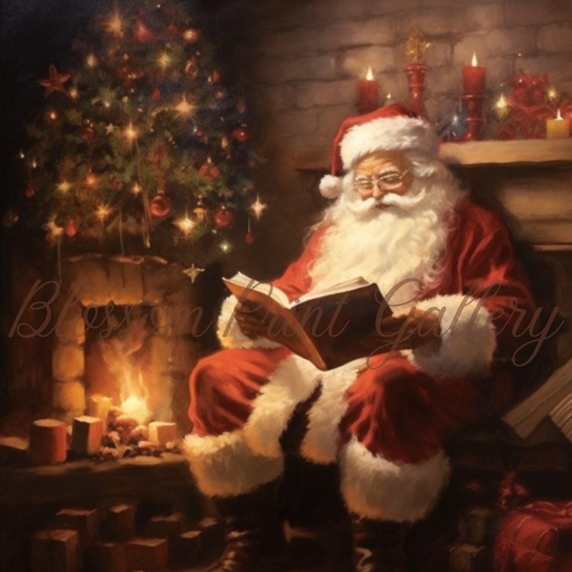 Santa Claus Reading Book By Fireplace Cozy Christmas Art Poster - Image 3