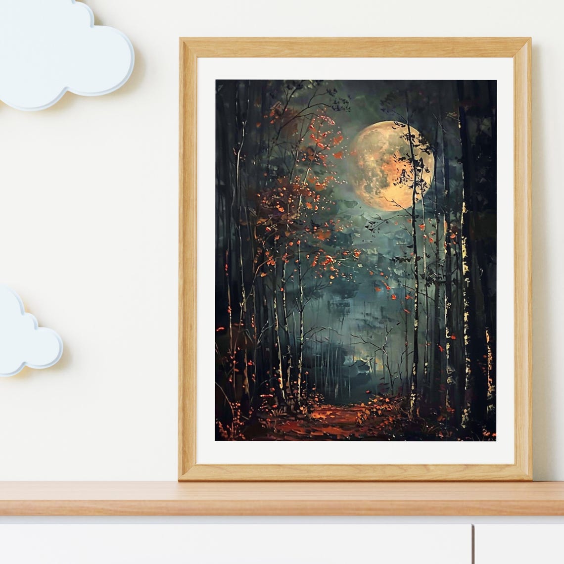 Glowing Full Moon Over Dark Forest on Autumn Night Landscape Poster - Image 2