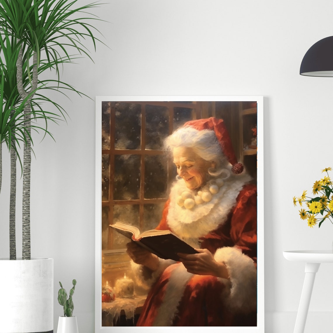 Mrs Claus Reading Book Candlelit Christmas Window Painting Poster - Image 4