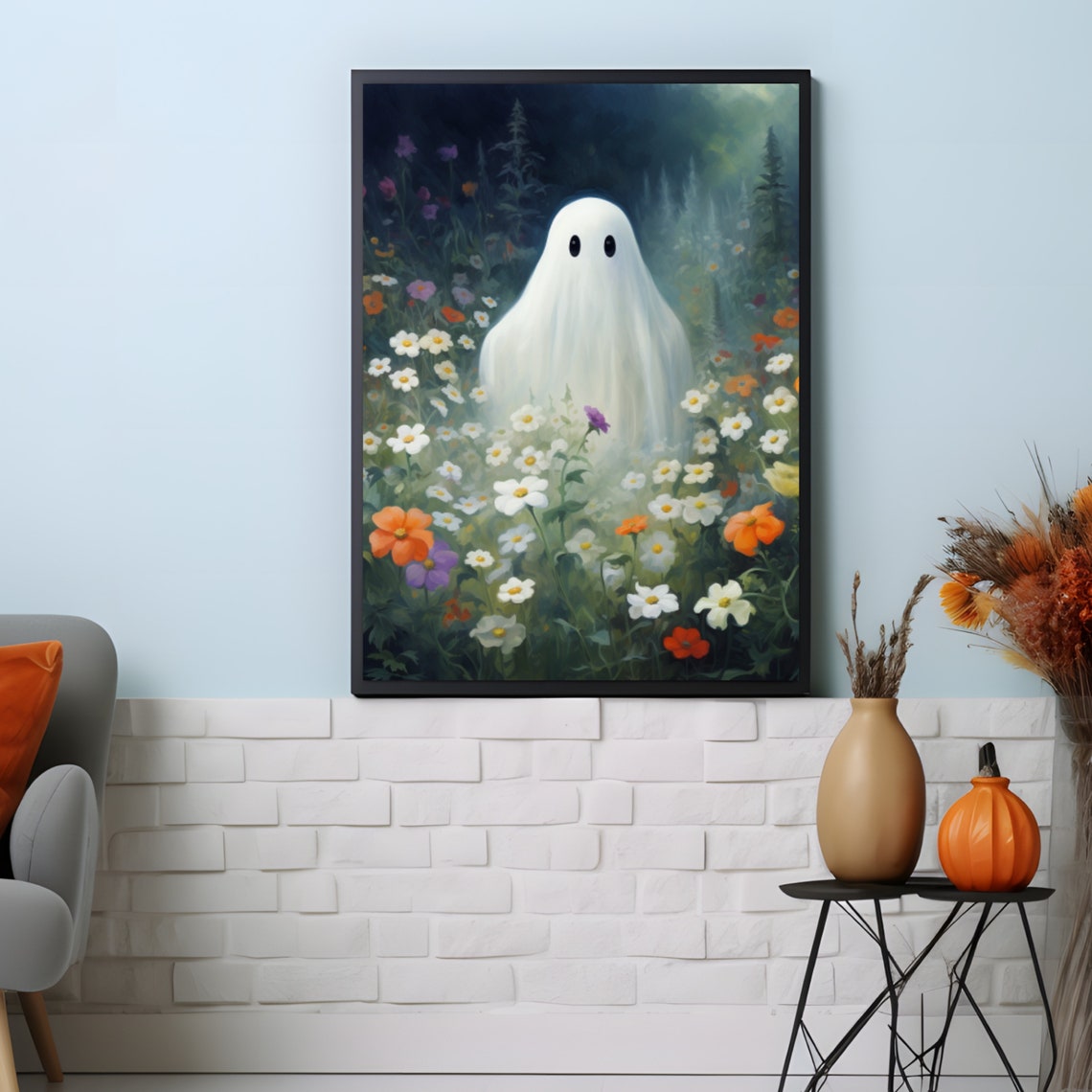 Cute Ghost Standing Wildflower Meadow At Dusk Halloween Art Poster - Image 4