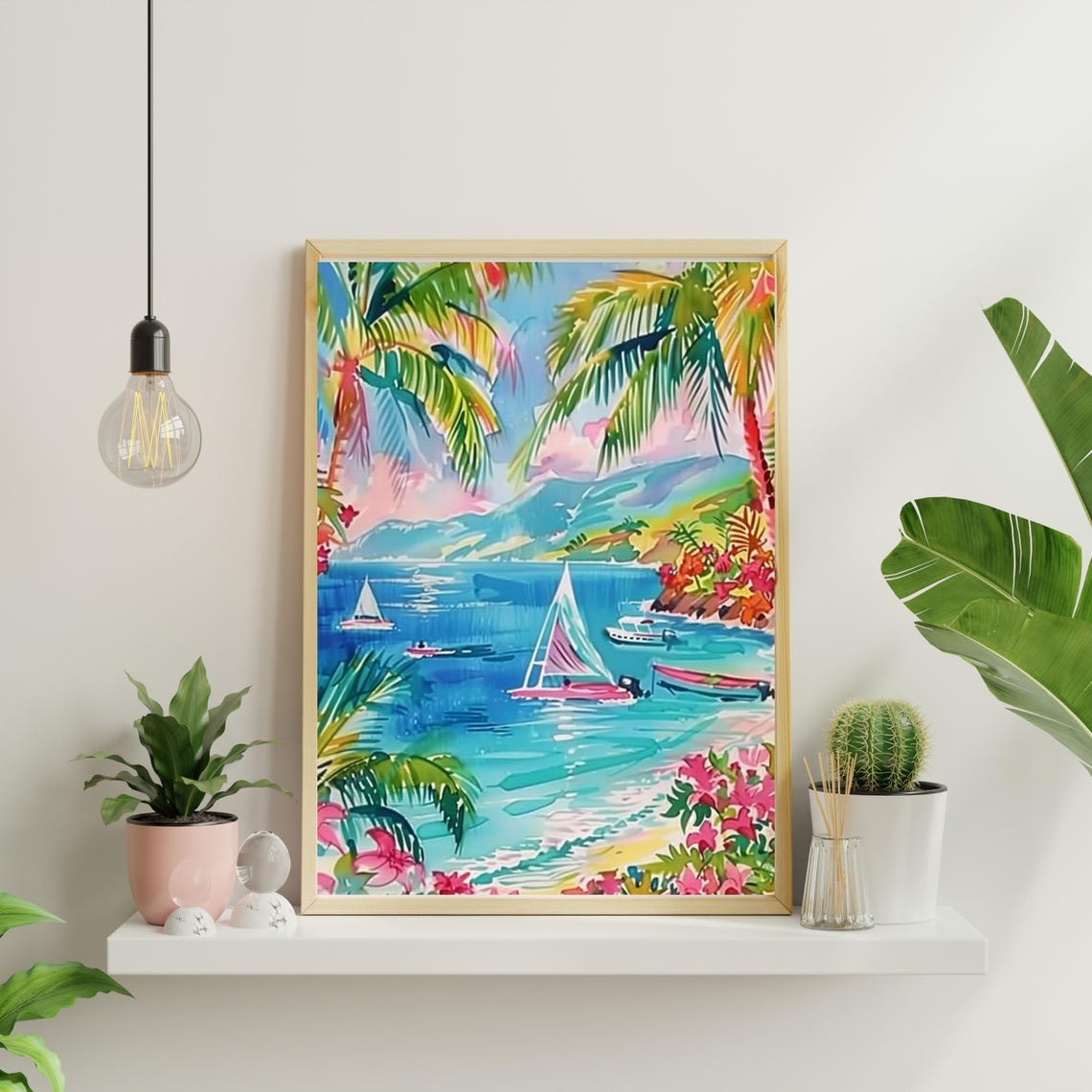 Tropical Beach Palm Trees Sailboats Bright Watercolor Poster - Image 3