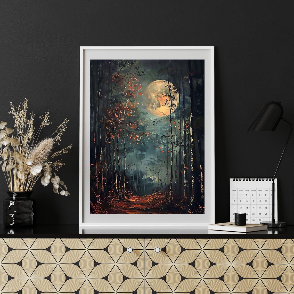 Glowing Full Moon Over Dark Forest on Autumn Night Landscape Poster - Image 3