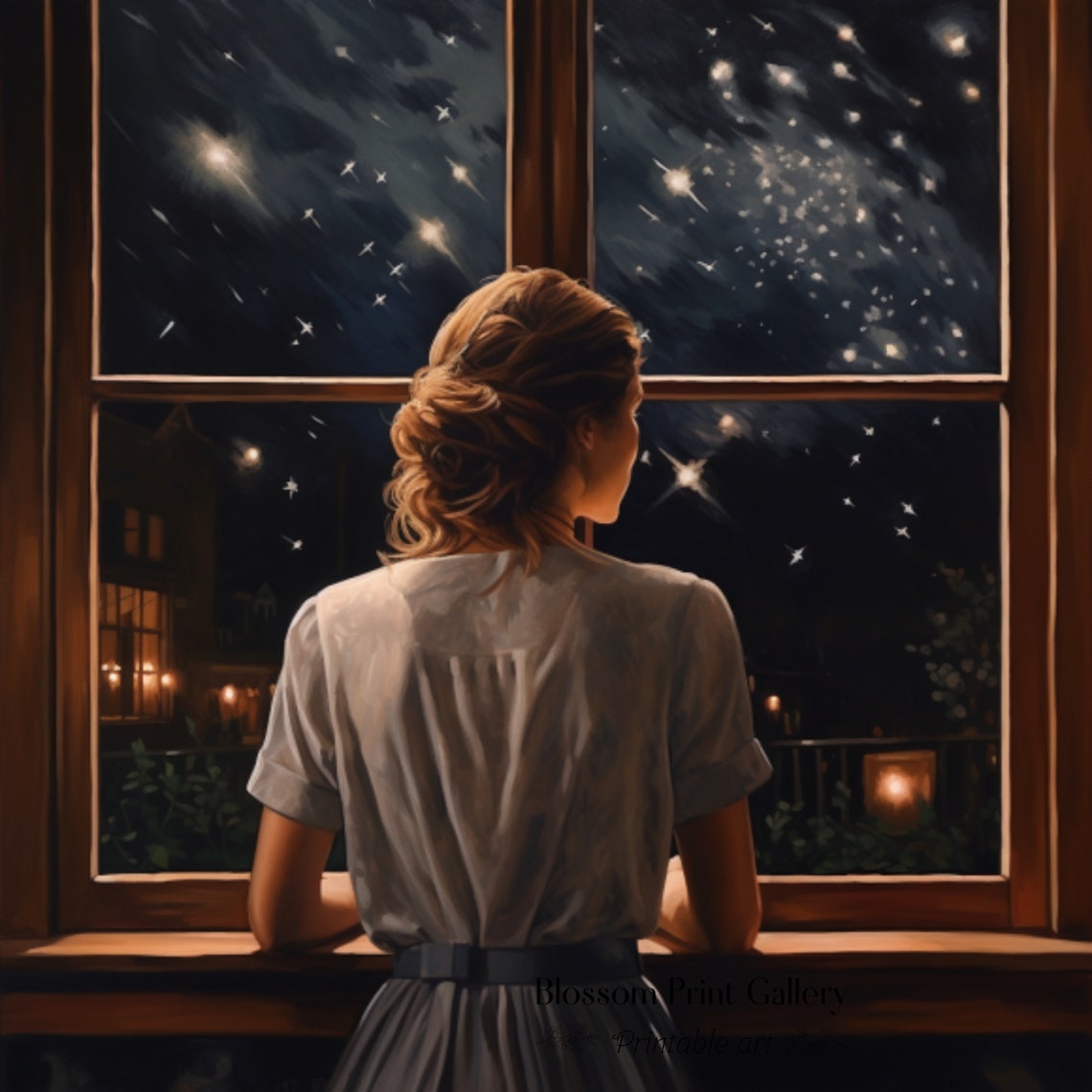 Woman Gazing Through Window At Starry Night Sky Moody Poster - Image 3
