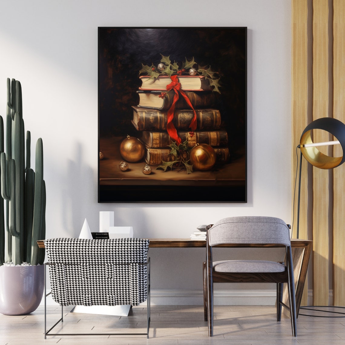 Moody Christmas Book Stack With Red Ribbon Holly Gold Baubles Poster - Image 5