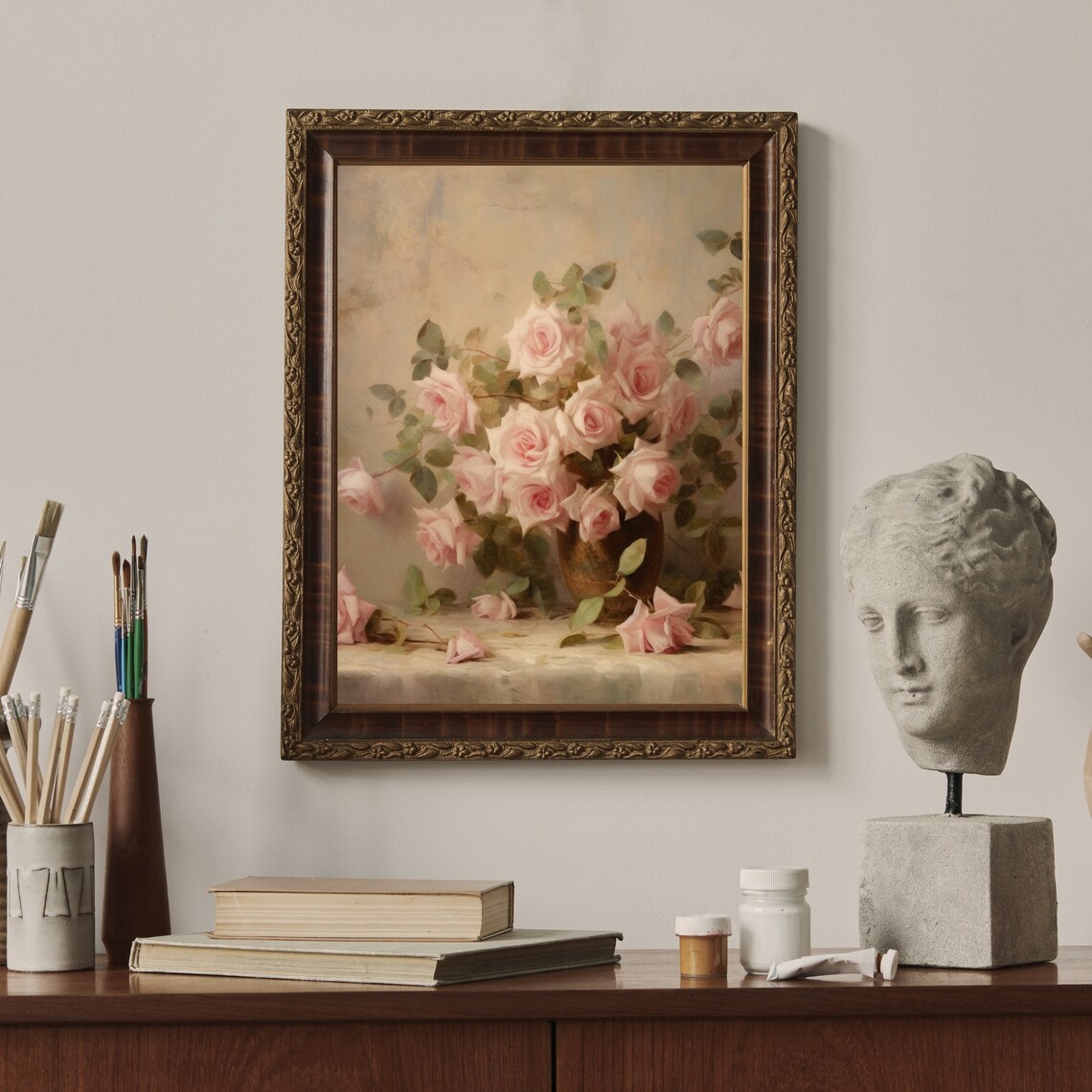 Soft Pink Roses Bouquet In Vase Vintage Floral Painting Poster - Image 6