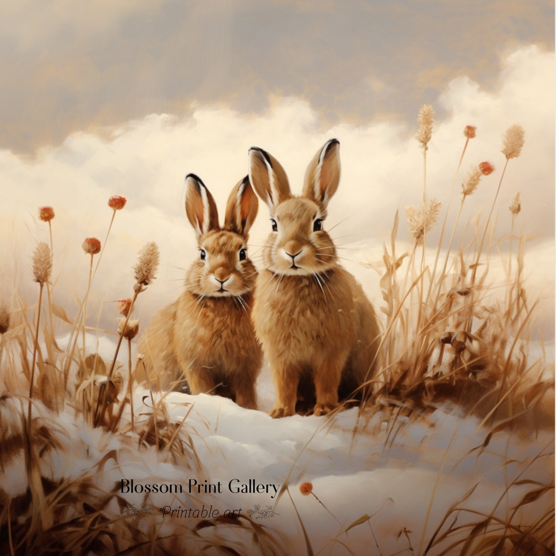 Two Brown Hares In Snowy Winter Field Wildlife Painting Poster - Image 3
