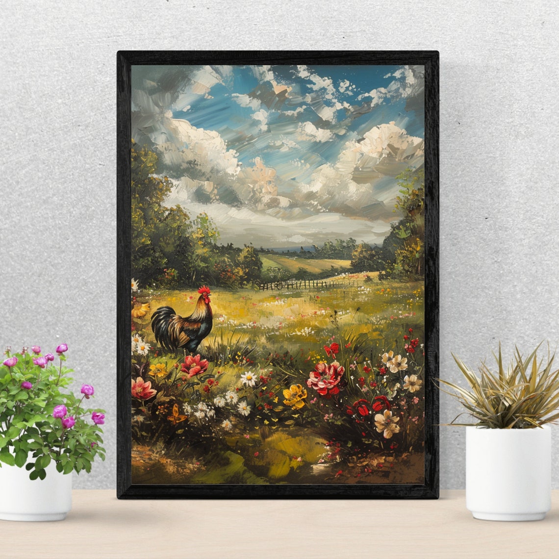 Rooster Wildflower Meadow Dramatic Cloudy Sky Country Art Poster - Image 6