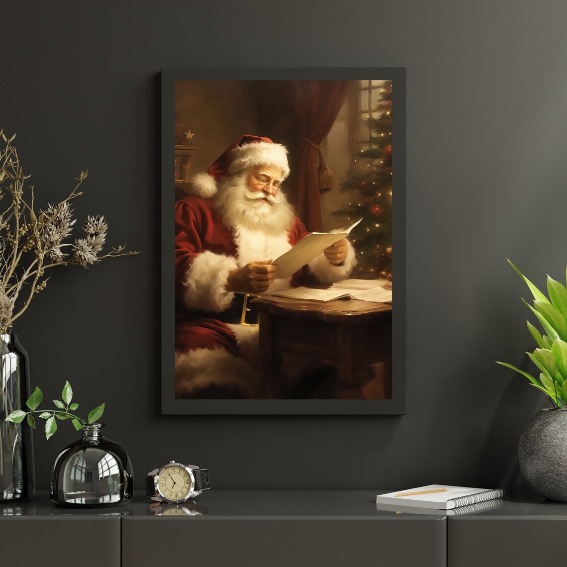 Santa Claus Reading Letters Vintage Christmas Night Painting Poster - Image 5
