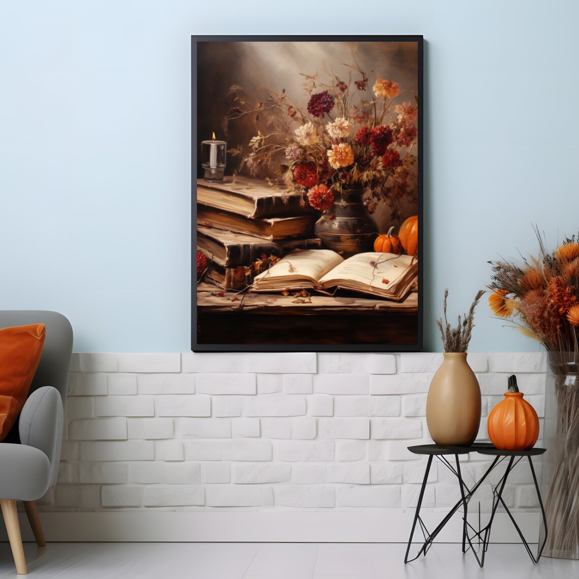 Cozy Autumn Still Life Antique Books Open Book Pumpkins Dark Art Poster - Image 5