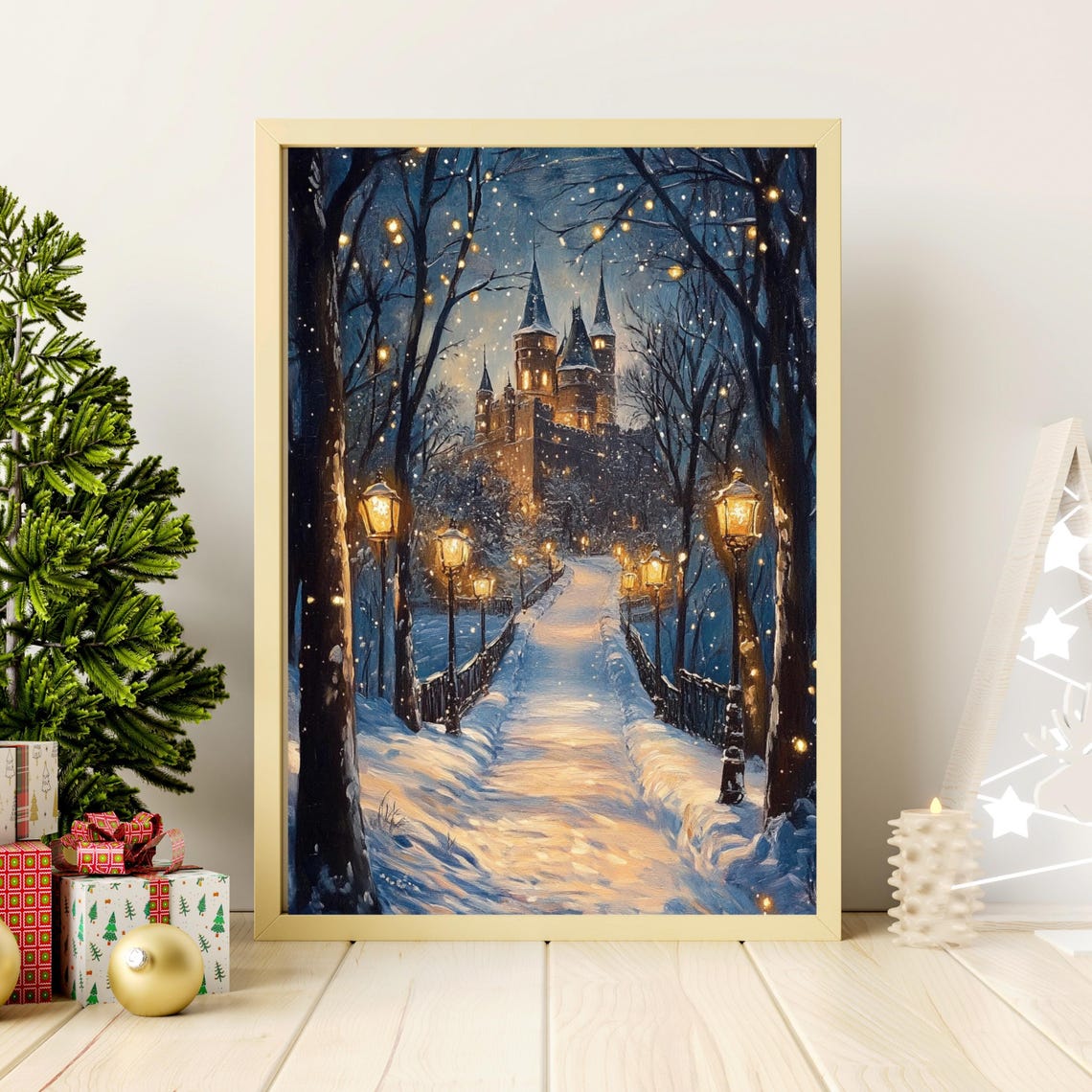 Snowy Lamplit Path To Illuminated Castle Winter Night Poster - Image 5
