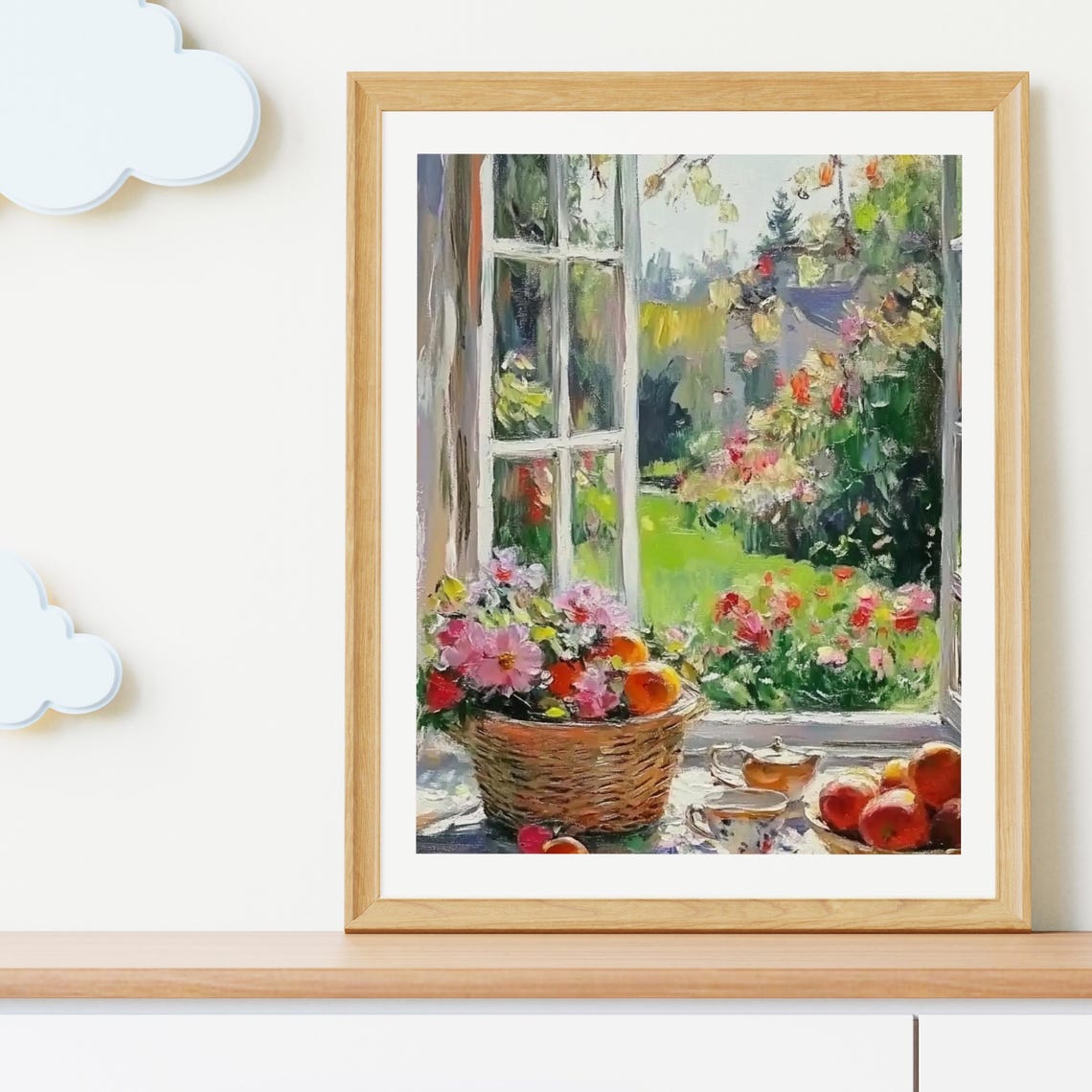 Basket Of Pink Flowers And Apples On A Sunny Windowsill Print - Image 4