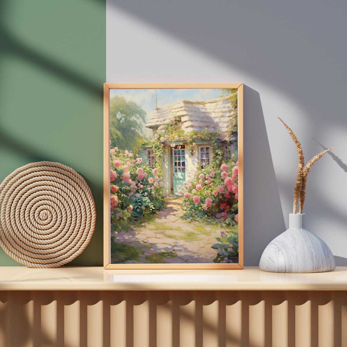 Sunlit Thatched Roof Cottage Bursting With Roses Garden Art Poster - Image 5