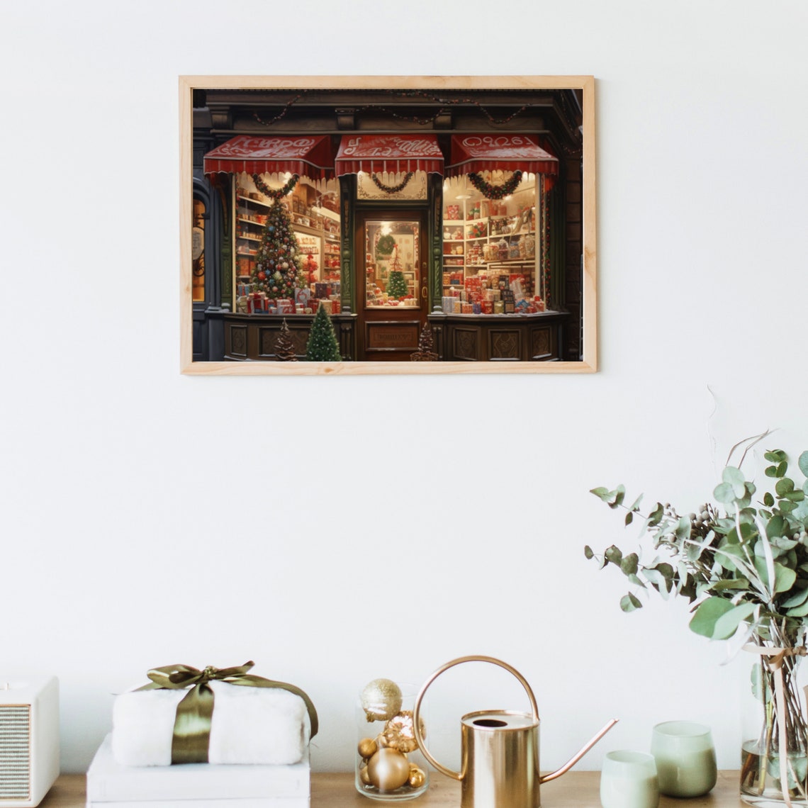 Vintage Christmas Storefront with Red Awnings Holiday Poster - Image 4