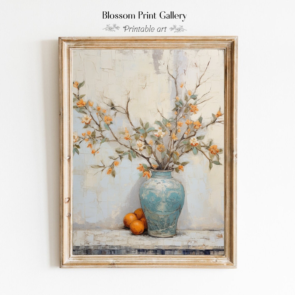 Orange Blossom Branches Turquoise Vase Still Life Painting Poster