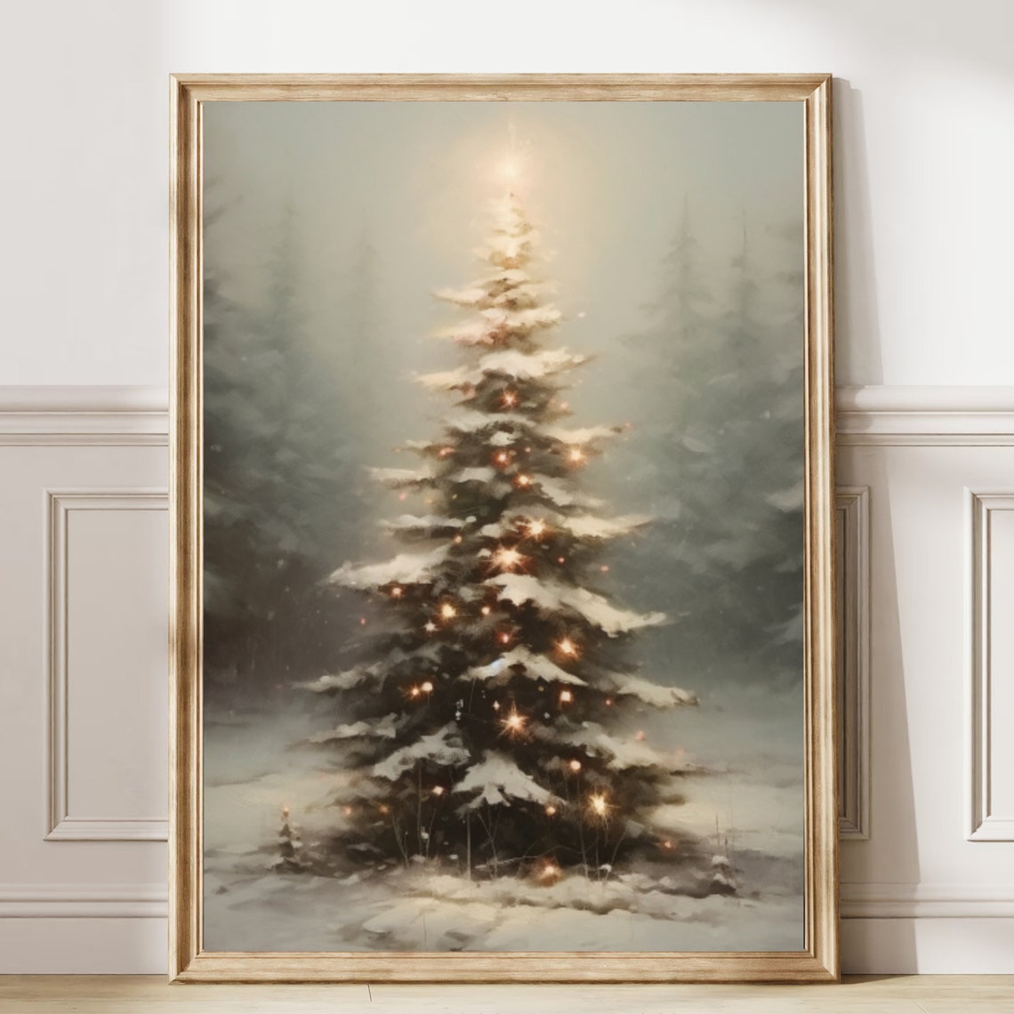 Glowing Snowy Christmas Tree in Misty Winter Forest Painting Poster - Image 6