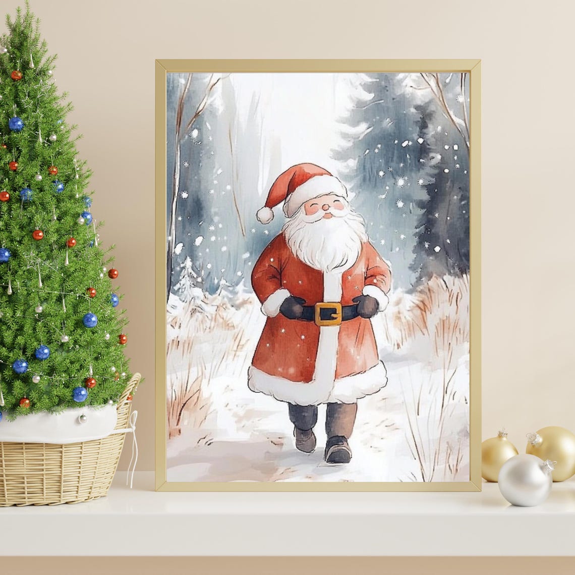 Cute Santa Claus Walking In Snowy Forest Watercolor Christmas Poster - Image 4