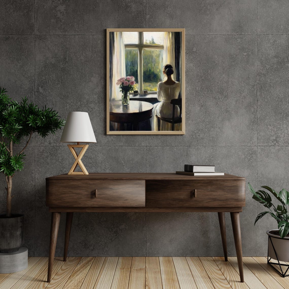 Woman By Window Pink Roses Sunlit Garden Vintage Painting Poster - Image 6