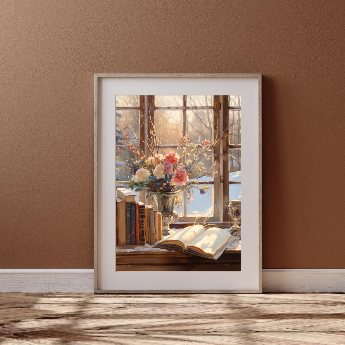 Winter Window Still Life with Books and Flowers Painting Poster - Image 6