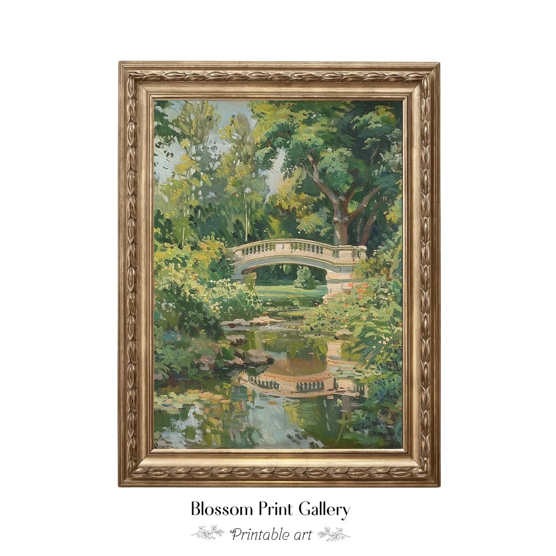 Stone Bridge Over Garden Pond Impressionist Summer Landscape Poster